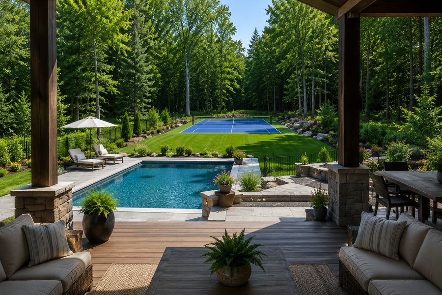 Backyard pickleball court and swimming pool viewed from a covered patio