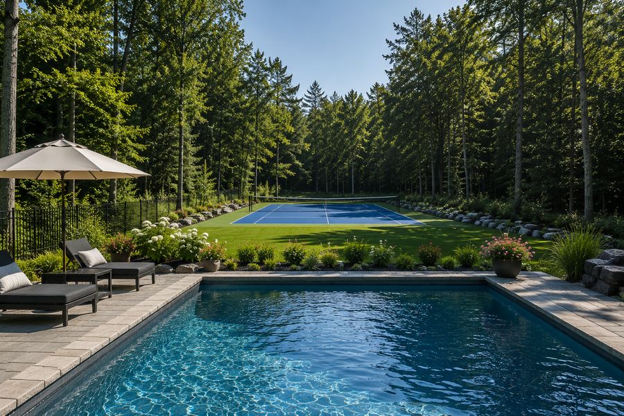 Backyard pickleball court built beside a swimming pool on a Peterborough property