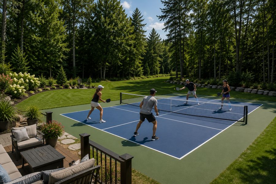 Four people playing doubles on a blue and green backyard pickleball court in Peterborough, Ontario