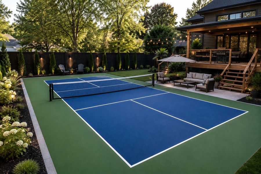 Backyard pickleball court lit for evening play beside a deck with string lights