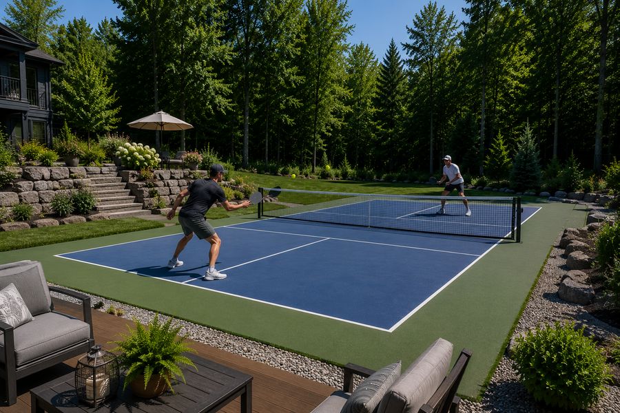 Two people playing singles pickleball on a backyard court with a stone retaining wall