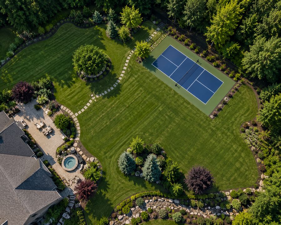 Aerial view of a pickleball court on a large landscaped estate property