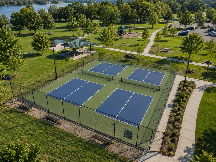 Four finished public pickleball courts with shared fencing, benches and pathways