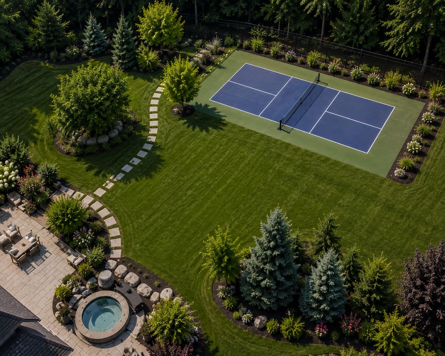 Aerial view of a pickleball court set within a landscaped backyard with lawn and stone pathway