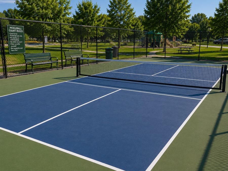 Municipal park pickleball court with black perimeter fencing, benches and a court rules sign