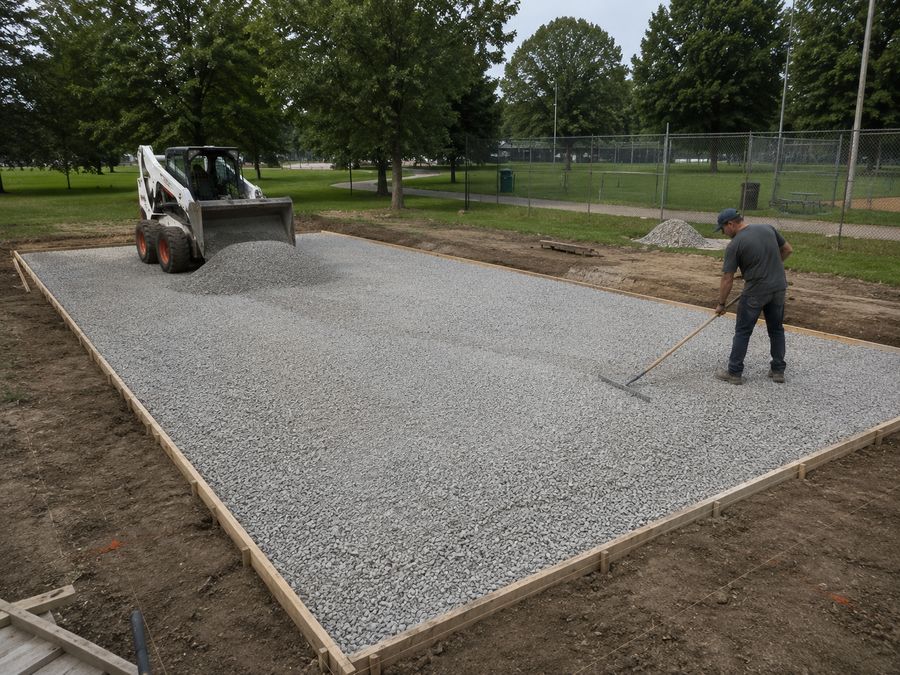 Compacted granular base being raked level inside the forms before the pickleball court slab is poured