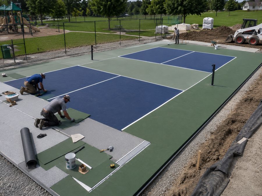 Crew applying surfacing material to a pickleball court next to a completed blue and green court