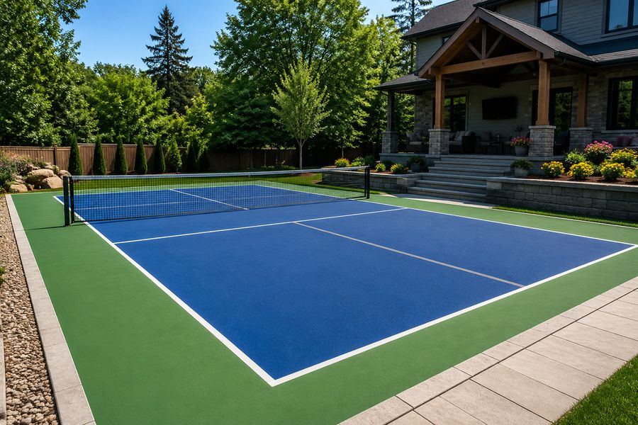 Residential backyard pickleball court with blue playing area and green surround next to a house