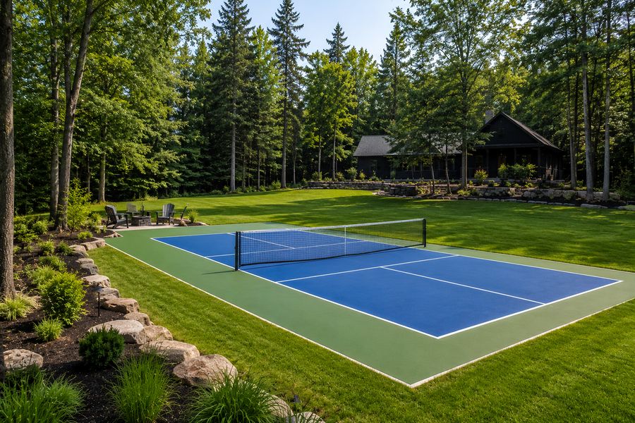 Finished backyard pickleball court with blue playing area and green surround on a wooded rural lot near Peterborough